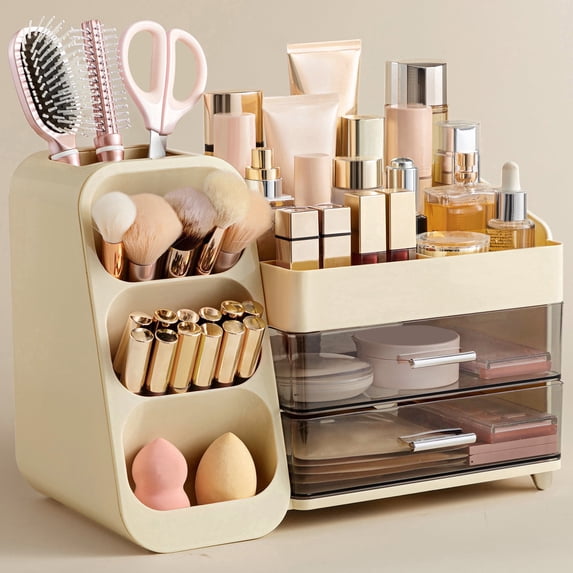 HBlife Makeup Organizer with Brush Holder for Vanity, Large Plastic Bathroom Countertop Organizer Skin Care Storage, Beige