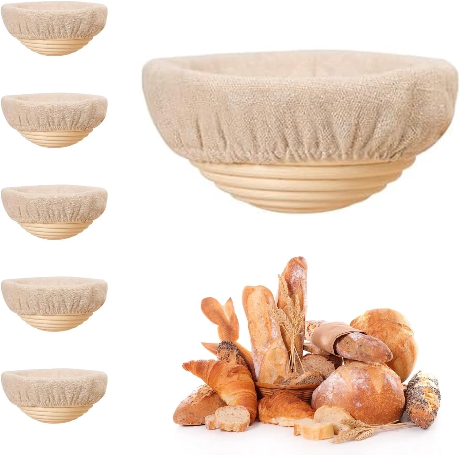 HBlife Mini Banneton Bread Proofing Basket Set with Cloth Liner, Set of 6, Beige,5 Inch
