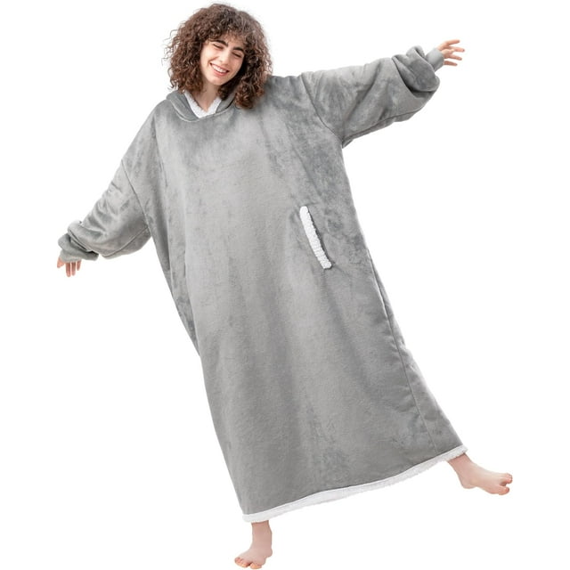 HBlife Oversized Long Wearable Blanket Hoodie for Adult, Thick Sherpa ...