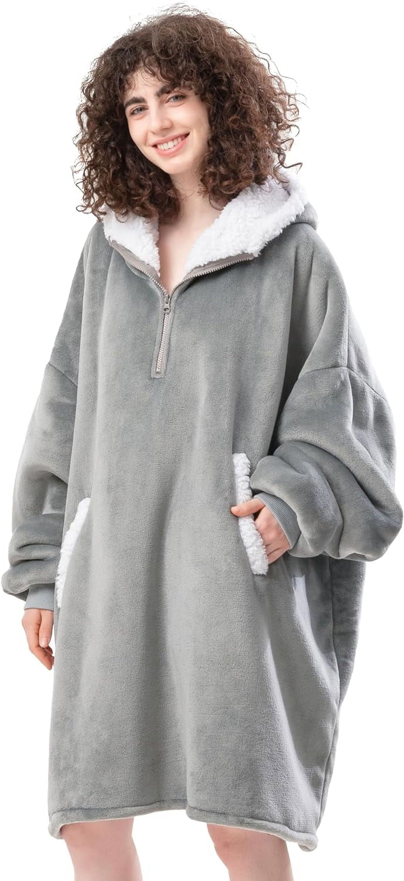 Home Beyond Wearable Blanket Hoodie - Oversized Sherpa Fleece Snuggie With Large Pocket For Men, Women, Kids (Grey)