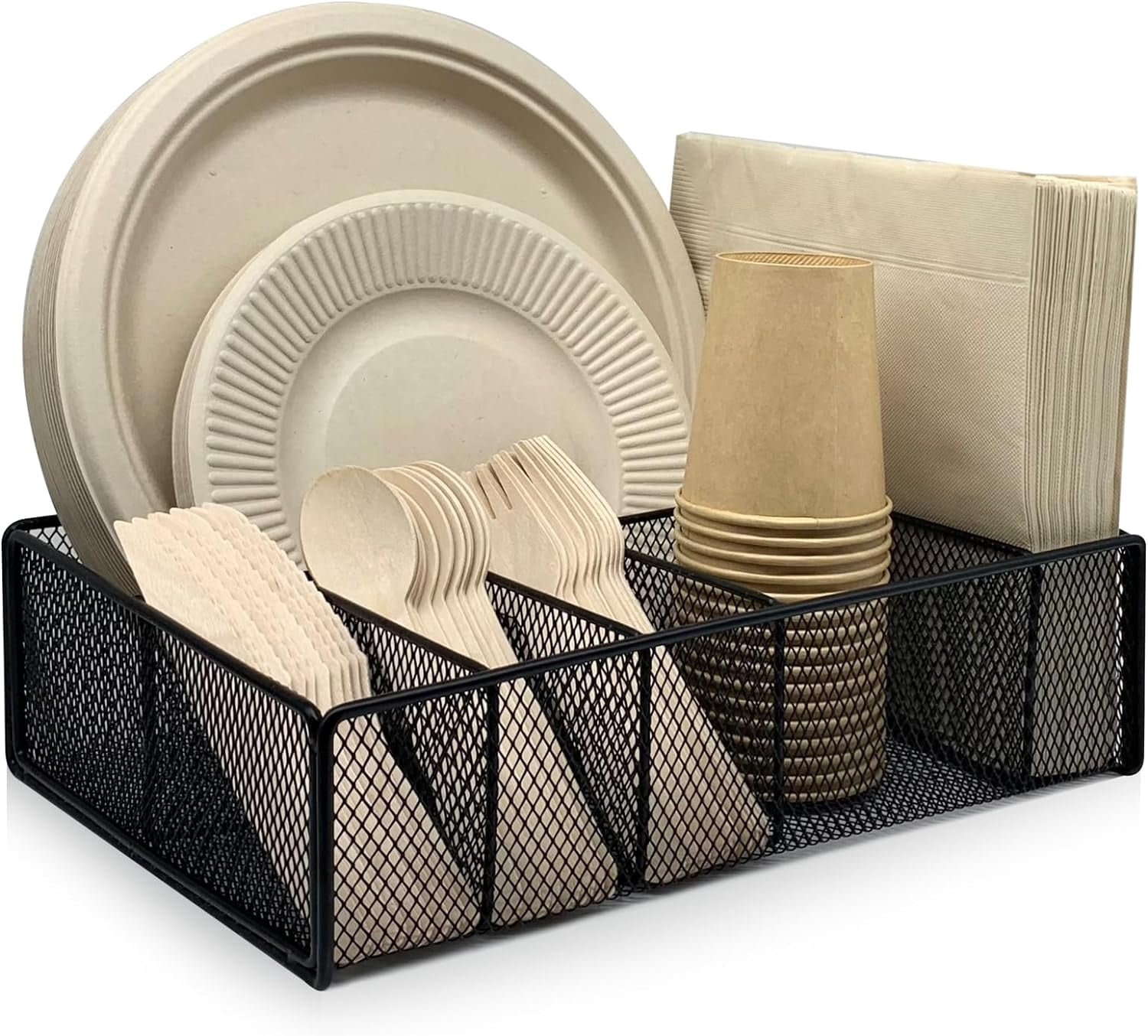 HBlife Paper Plate Organizer for Countertop, Metal 6 Compartments Kitchen Utensil Holder
