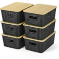 thumbnail image 1 of HBlife Plastic Storage Baskets With Bamboo Lids, 6 Pack Storage Containers Stackable Storage bins, Storage Baskets for Organizing Shelves Drawers Desktop Closet Playroom Classroom Office, Black, 1 of 7