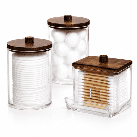 HBlife Qtips Holder Bathroom Container, 10/7 OZ Cotton Ball/Swabs Dispenser, Apothecary Jar Organizer for Storage Brown Wood Lids