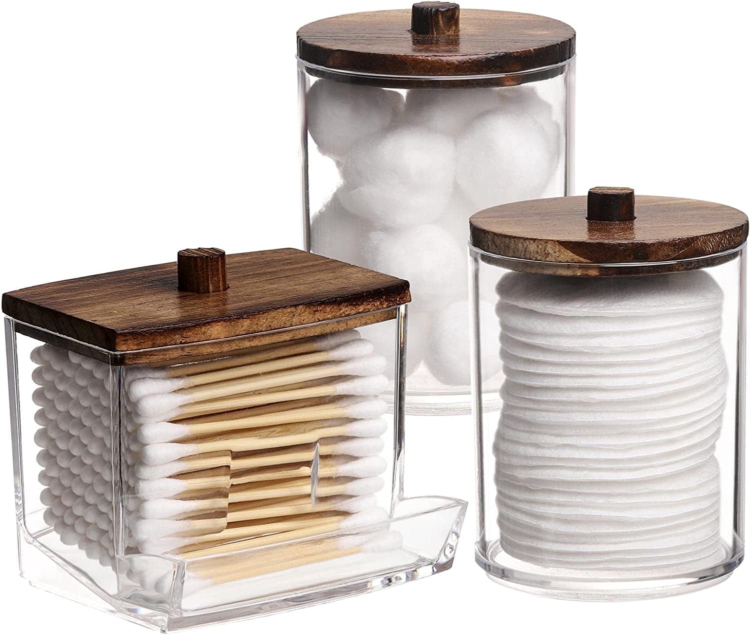 HBlife Qtips Holder Bathroom Container, 10/7 OZ Cotton Ball/Swabs Dispenser, Apothecary Jar Organizer for Storage Brown Wood Lids
