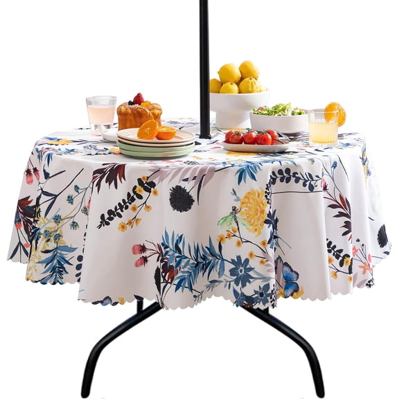 HBlife Round Tablecloth with Umbrella Hole and Zipper, Outdoor Indoor 60 inch Waterproof Patio Table Cloths, Floral Fabric Spring/Summer Table Covers for Picnic, BBQs, Party