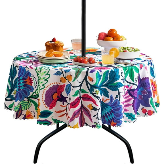 HBlife Round Tablecloth with Umbrella Hole and Zipper, Outdoor Indoor 60 inch Waterproof Patio Table Cloths, Paisley Print Fabric Spring/Summer Table Covers for Picnic, BBQs, Party