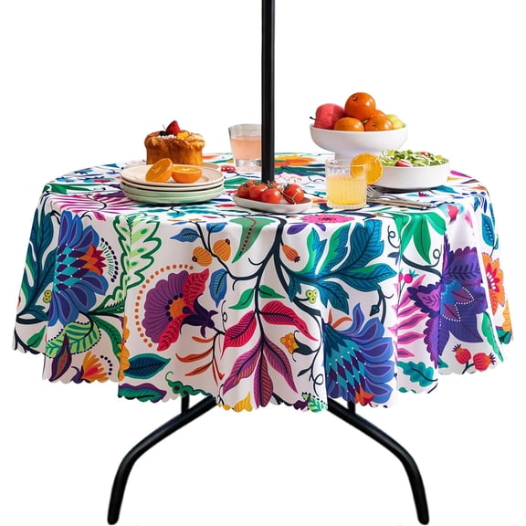 HBlife Round Tablecloth with Umbrella Hole and Zipper, Outdoor Indoor 60 inch Waterproof Patio Table Cloths, Paisley Print Fabric Spring/Summer Table Covers for Picnic, BBQs, Party