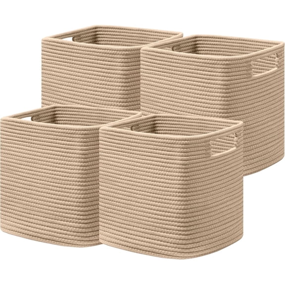 HBlife Set of 4 Storage Cubes-13 X 13 X 13 In, Cotton Rope Basket with Handles,Brown