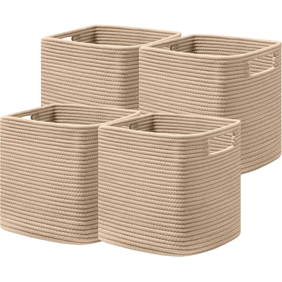 HBlife Set of 4 Storage Cubes-13 X 13 X 13 In, Cotton Rope Basket with Handles,Brown