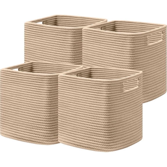 HBlife Set of 4 Storage Cubes-13 X 13 X 13 In, Cotton Rope Basket with Handles,Brown