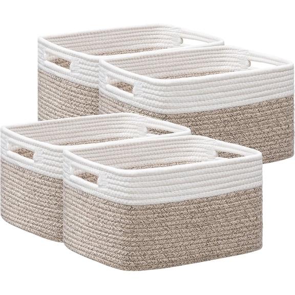 HBlife Set of 4 Storage Cubes-13 X 9 X 7.5 in, Cotton Rope Basket with Handles, White&Light Brown