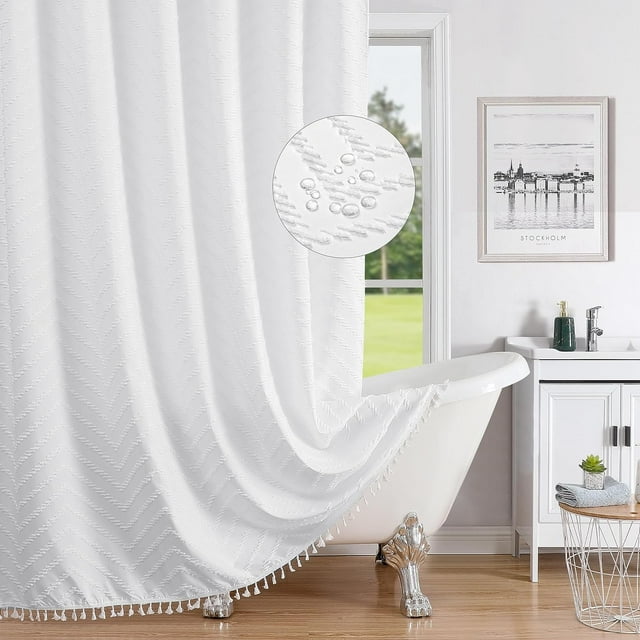 HBlife White Fabric Shower Curtain, Boho Farmhouse Tufted Chevron