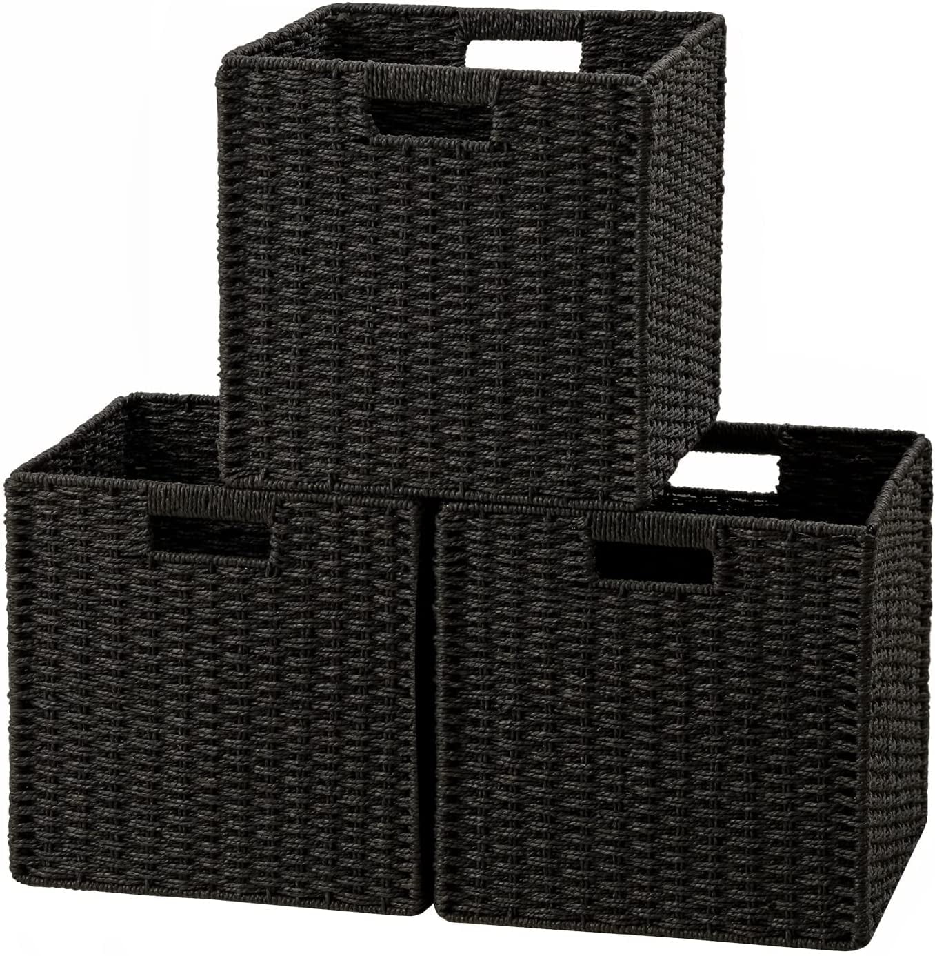 HBlife Wicker Baskets, Set of 3 Hand-Woven Paper Rope Storage Baskets, Foldable Cubby Storage Bins, Large Wicker Storage Basket for Shelves Pantry Organizing & Decor, Black