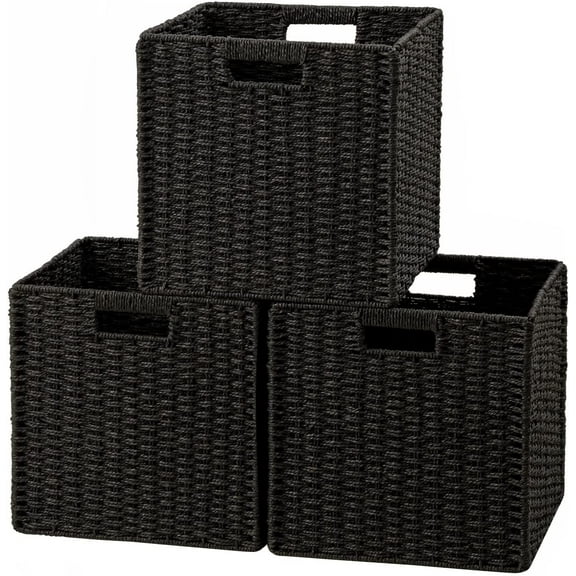 HBlife Wicker Baskets, Set of 3 Hand-Woven Paper Rope Storage Baskets, Foldable Cubby Storage Bins, Large Wicker Storage Basket for Shelves Pantry Organizing & Decor, Black