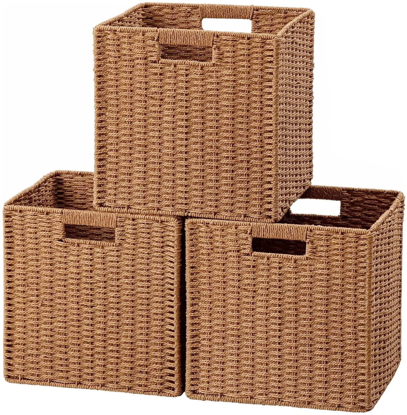 HBlife Wicker Baskets, Set of 3 Foldable Hand-Woven Paper Rope Storage Baskets, Caramel