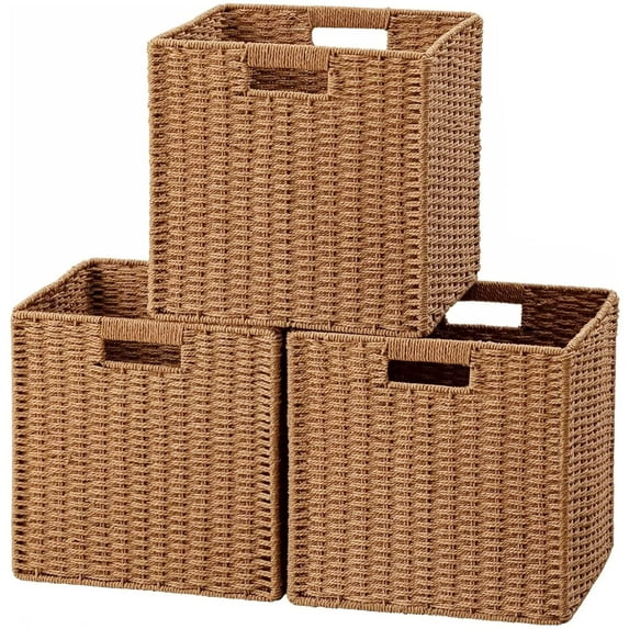 HBlife Wicker Baskets, Set of 3 Foldable Hand-Woven Paper Rope Storage Baskets, Caramel