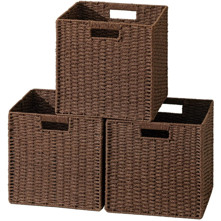 HBlife Wicker Baskets, Set of 3 Hand-Woven Paper Rope Storage Baskets,  Foldable Cubby Storage Bins, Large Wicker Storage Basket for Shelves Pantry  Organizing & Decor, Brown 