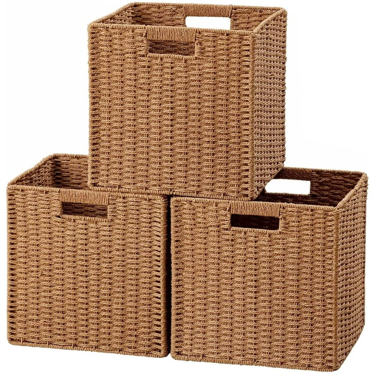 HBlife Wicker Baskets, Set of 3 Hand-Woven Paper Rope Storage Baskets,  Foldable Cubby Storage Bins, Large Wicker Storage Basket for Shelves Pantry  Organizing & Decor, Black 