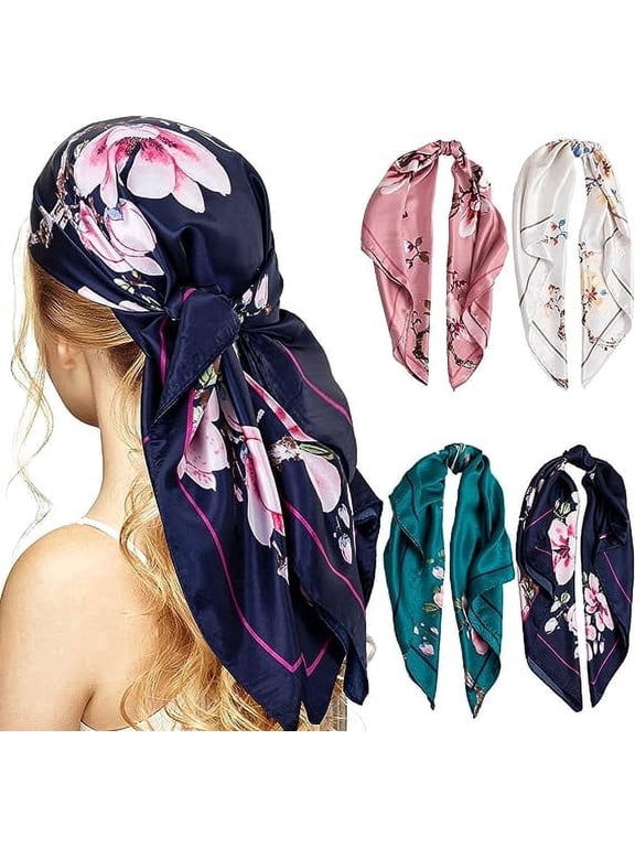 Women's Large Square Satin Bandana Head Scarf Multicolor 4 Pack