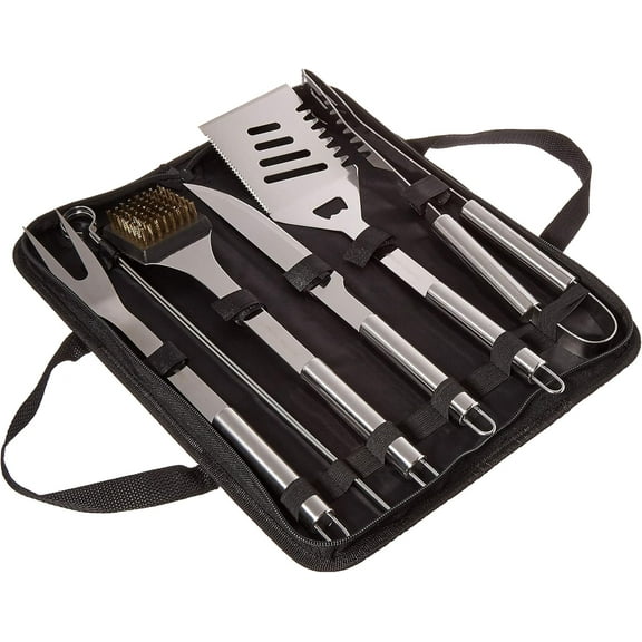 HC-1004 7 Grill Tool Kit-Stainless Steel BBQ Accessories Kitchen Set with Spatula, Tongs, Fork, Knife, Brush, Skewers, and Case, 8-Piece Travel, Silver