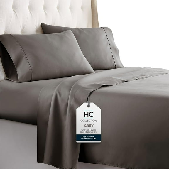 HC Collection 4-Piece Gray Solid Print Microfiber Sheets Set, Queen - Deep Pocket