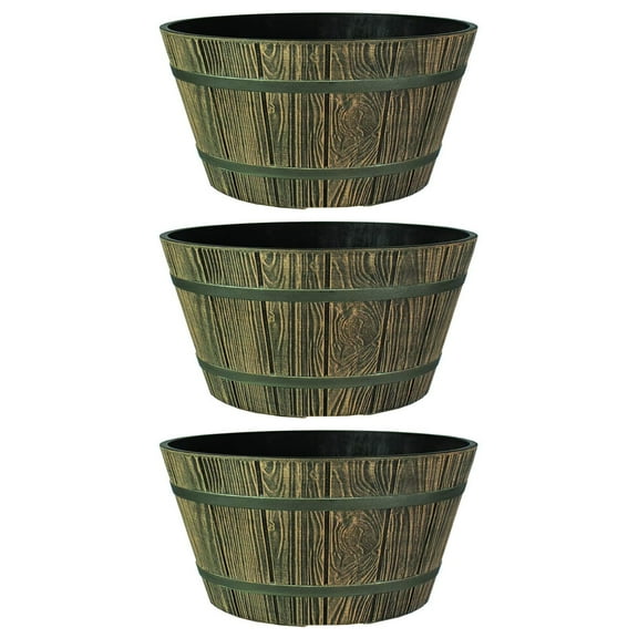 HC Companies 16 Inch Aged Wooden Oak Round Whiskey Barrel Planter (3 Pack)