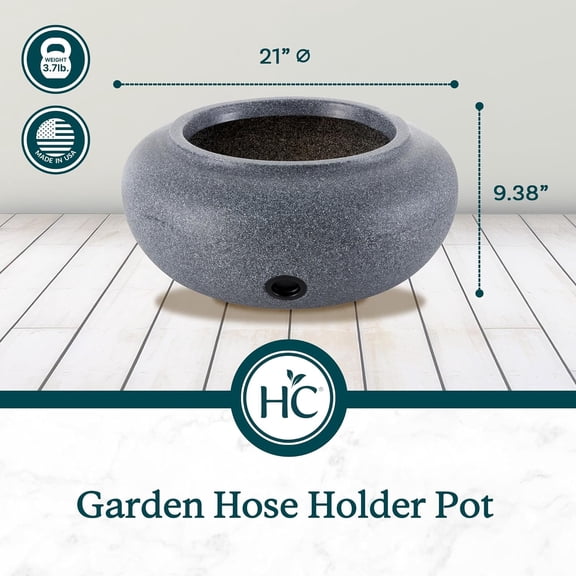 HC Companies 21 Inch Round Natural Decorative Plastic Garden Hose Storage Pot with Side Hole for Faucet Connection, Granite