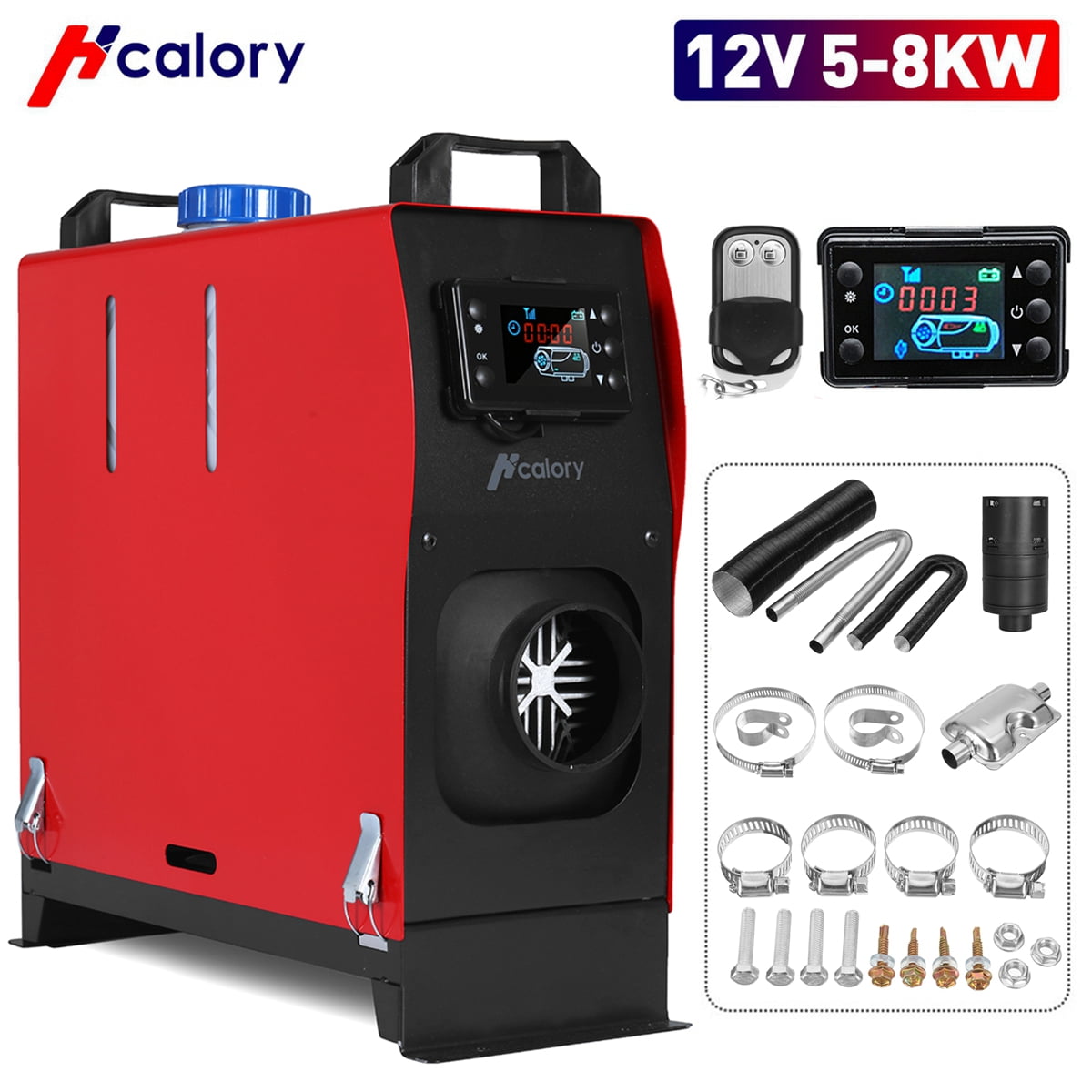 HCALORY Diesel Air Heater 12V 5KW-8KW, All in One Single Hole Adjustable Parking  Heater with Black LCD Switch u0026 Muffler u0026 Remote Control for Car Trucks Boat  Bus RV Trailer and Motorhomes -