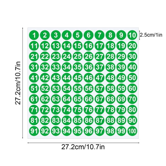 HCBY 1 Inch Circle Number Stickers 1-100 Set, Self-Adhesive Vinyl Waterproof Labels for Mailbox, Laptop, Scrapbook, Organizing, Calendar, DIY Crafts & Journal (Green,10.7"x10.7")