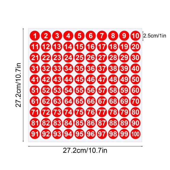 HCBY 1 Inch Circle Number Stickers 1-100 Set, Self-Adhesive Vinyl Waterproof Labels for Mailbox, Laptop, Scrapbook, Organizing, Calendar, DIY Crafts & Journal (Red,10.7"x10.7")
