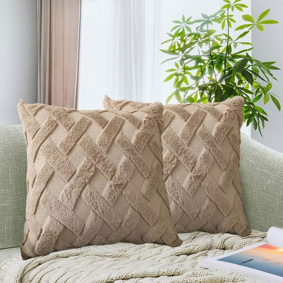 HCBY 1 PC Solid Color Square Plush Pillow Cover with Grid Pattern & Hidden Zipper, Modern Throw Pillowcase for Sofa Bedroom Decor (Coffee,15.7"x15.7")