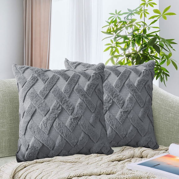 HCBY 1 PC Solid Color Square Plush Pillow Cover with Grid Pattern & Hidden Zipper, Modern Throw Pillowcase for Sofa Bedroom Decor (Gray,15.7"x15.7")