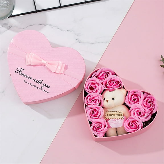 HCBY 10 Pcs Rose Bath Soap in Heart Shaped Gift Box, Valentine‘s Day Present Set, for Hand Wash & Luxurious Bath, Mother‘s Day Birthday Gift(B,6.7"x6.1"x2")