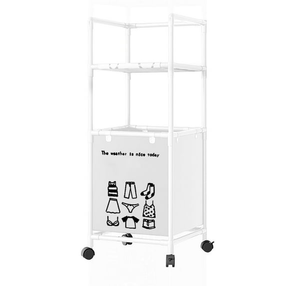HCBY 2 Tier Bathroom Storage Rack with Laundry Basket White Coated Iron Organizer on Wheels for Towels Plants