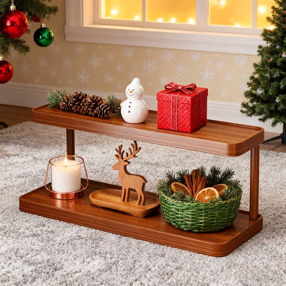 HCBY 2 Tier Brown Desktop Organizer, Wooden Mug Rack & Space Saving Shelf for Coffee Cups, Spices, Makeup - Multi Purpose Tabletop Organizer for Office Desk, Kitchen Counter