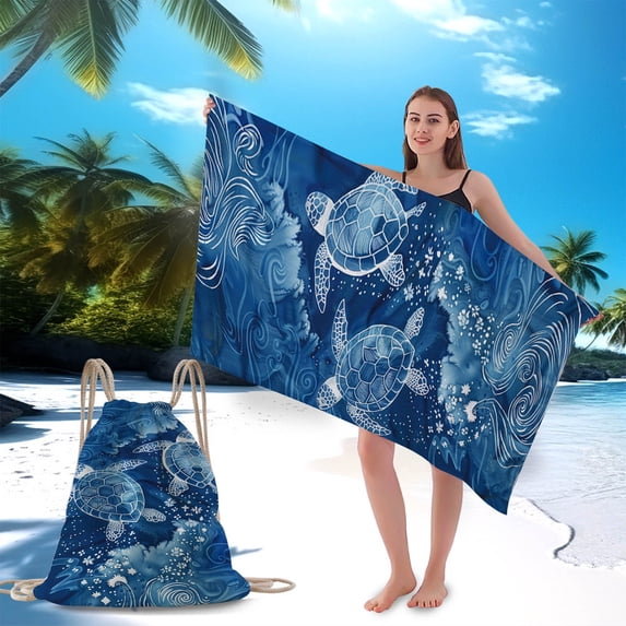 HCBY 2‑in‑1 Microfiber Beach Towel Drawstring Backpack,Ocean Turtle Digital Print Pool Towel,Absorbent Quick‑Dry Beach Bag,Portable Multi‑Purpose Towel Bag For Swimming Camping Outdoor Use