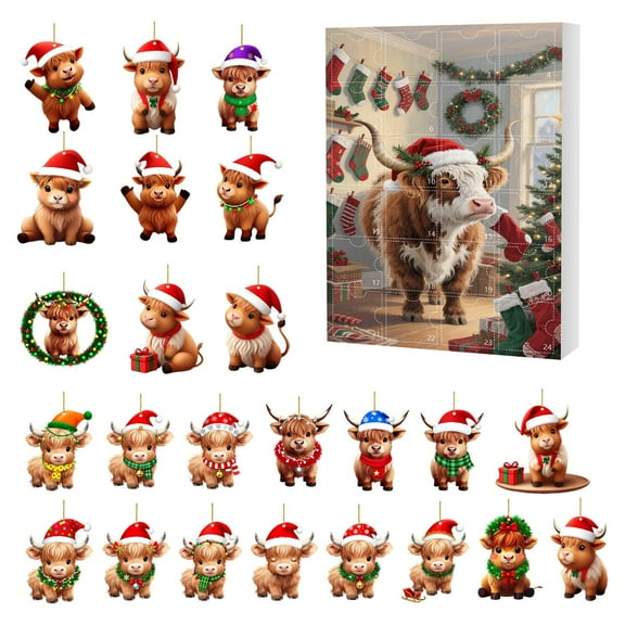 HCBY 2025 Highland Cow Advent Calendar Holiday Countdown,Calendar 24 Days Ornament,Calendar Plush Cute Design, Safe Durable Materials Perfect for Kids Christmas Tree Wall Decoration