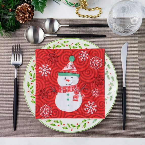 HCBY 20Pcs Snowman Printed Christmas Napkins Disposable Dinner Napkins for Holiday Parties Birthday Celebrations and Festive Decor Supplies Gift idea (Red,6.5"x6.5")