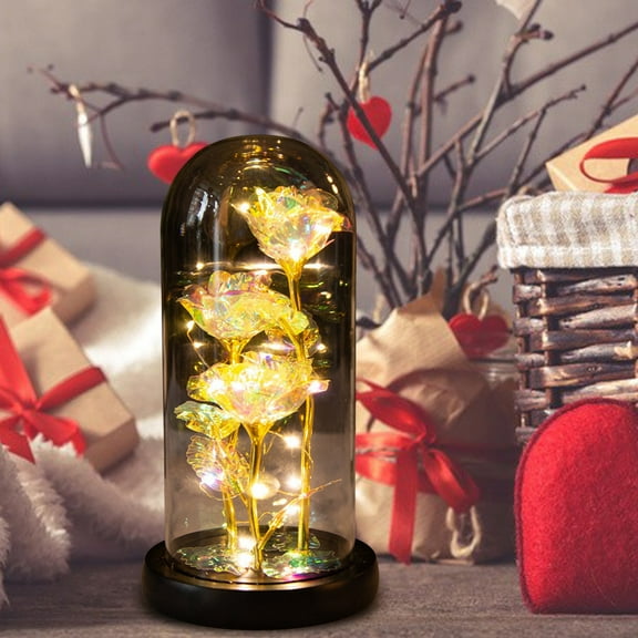 HCBY 3 Gold Foil Roses in Glass Dome with LED Lights, Eternal Flower Gift for Women Her, Christmas Valentine‘s Birthday, Battery Powered (Batteries Not Included)(Black warm light,8.19"x4.49")