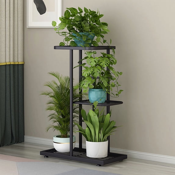 HCBY 3 Tier Iron Plants Stand, Multi Layer Concise Planter Holders Flower Display Stands, Corner Tiered Plants Rack, Space Saving For Home Living Room Garden Decorative, Dark Gray 16"x8.6"x22.6"
