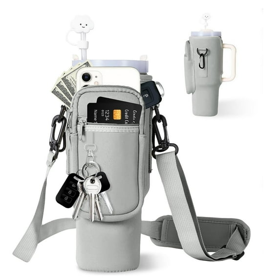 HCBY 40 oz Insulated Water Bottle with Handbag Handle & Card Slot - Leakproof Reusable Drinkware for Gym, Hiking, and Office(Gray,10.2"x6.3")