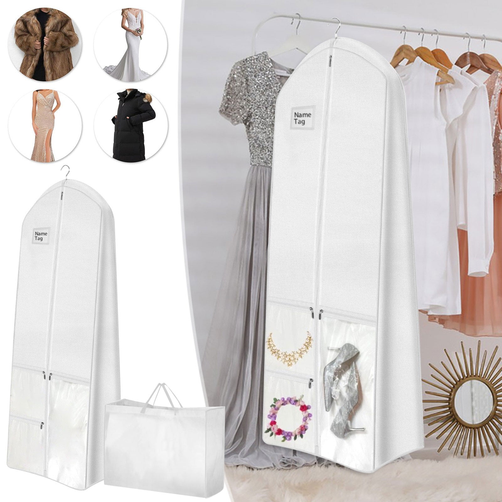 HCBY 71" Wedding Dress Garment Bag with 3 Clear Pockets, Breathable Non-Woven Long Gown Cover with Matching Tote Bag, for Bridal Gowns, Formal Dresses