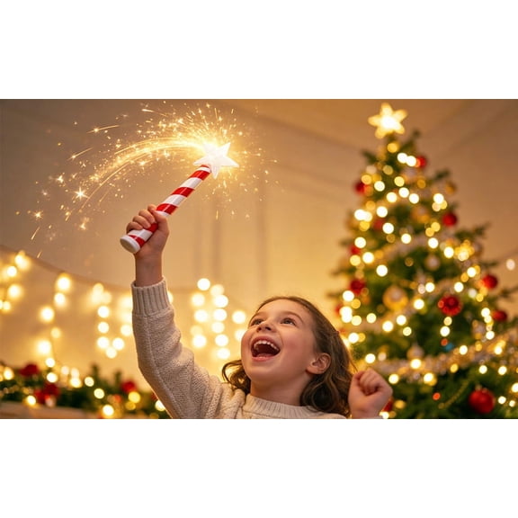HCBY 9.8 Inch Magic Wand Christmas Light Controller, Wireless Remote for Christmas Tree Lights with Red White Striped Handle and Glowing Star Tip, Festive Tabletop Decor & Handheld Holiday Gift