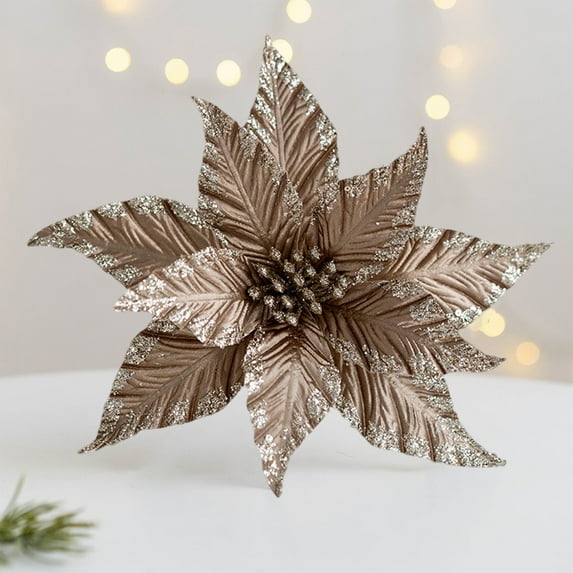 HCBY Artificial Glitter Magnolia Flowers Christmas Poinsettia Ornaments for Christmas Tree Wreath Garland Xmas New Year Decoration Gift Idea(Brown,9.8")