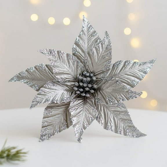 HCBY Artificial Glitter Magnolia Flowers Christmas Poinsettia Ornaments for Christmas Tree Wreath Garland Xmas New Year Decoration Gift Idea(Gray,9.8")