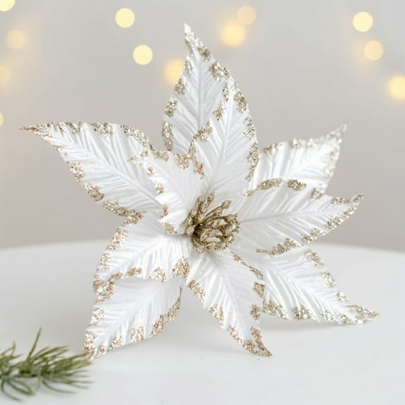 HCBY Artificial Glitter Magnolia Flowers Christmas Poinsettia Ornaments for Christmas Tree Wreath Garland Xmas New Year Decoration Gift Idea(White,9.8")