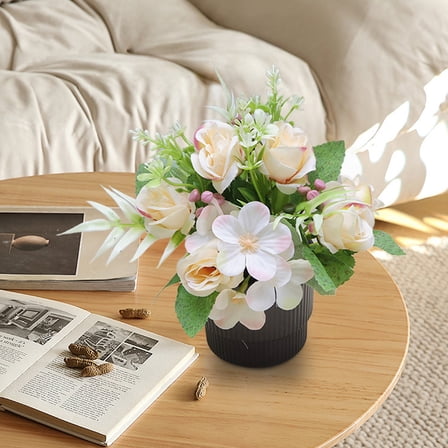 HCBY Artificial Potted Plant, Real Touch Rose & Eucalyptus Arrangement in Pot for Home Office Desk Decor, Faux Floral Centerpiece for Table, Wedding, Gift​idea(Beige,5.91"x4.72")
