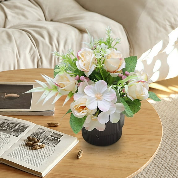 HCBY Artificial Potted Plant, Real Touch Rose & Eucalyptus Arrangement in Pot for Home Office Desk Decor, Faux Floral Centerpiece for Table, Wedding, Giftidea(Beige,5.91"x4.72")