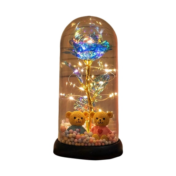 HCBY Battery Powered Glass Rose Night Light with Two Bears - LED Preserved Flower Lamp for Bedroom Decor, Romantic Christmas Valentine Birthday Gift for Her