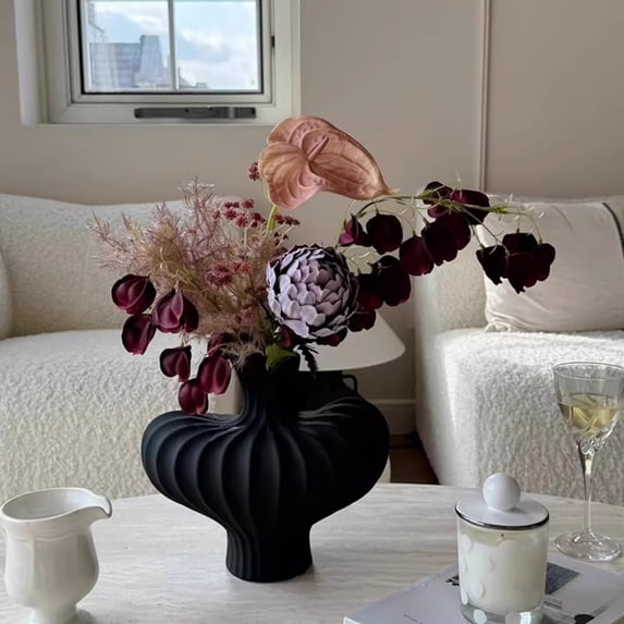 HCBY Black ative Vase, Large Ribbed Flower Vase, Textured Vase, Living Room Dried Flower Arrangement Vase